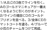 1/A,B,C3FŃCBÃS[h}jLAԑȂ悤Ɉ̂|CgB2/C̋ڂD̃S[huIׂB3/ŜẼ}bgR[ghB4/O[ŏԂ̃`[ĊB